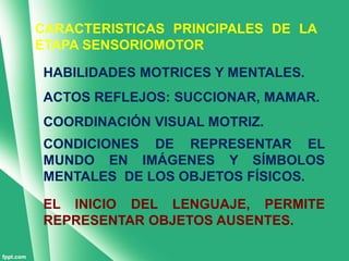 CARACTERISTICAS PRINCIPALES DE LA
ETAPA SENSORIOMOTOR

HABILIDADES MOTRICES Y MENTALES.
ACTOS REFLEJOS: SUCCIONAR, MAMAR.
COORDINACIÓN VISUAL MOTRIZ.
CONDICIONES DE REPRESENTAR EL
MUNDO EN IMÁGENES Y SÍMBOLOS
MENTALES DE LOS OBJETOS FÍSICOS.

EL INICIO DEL LENGUAJE, PERMITE
REPRESENTAR OBJETOS AUSENTES.
 