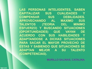 LAS PERSONAS INTELIGENTES, SABEN
CAPITALIZAR    SUS     CUALIDADES    Y
COMPENSAR       SUS       DEBILIDADES.
APROVECHANDO      AL     MAXIMO    SUS
TALENTOS     (TEORIA     DEL    MINIMO
ESFUERZO) Y BUSCANDO SITUACIONES
(OPORTUNIDADES)     QUE    VAYAN    DE
ACUERDO CON SUS HABILIDADES Y
ADAPTANDOSE A DICHAS SITUACIONES
PARA SACAR EL MAYOR PROVECHO DE
ESTAS Y SABIENDO QUE SITUACIONES SE
ADAPTAN    MEJOR     A   SU   TALENTO
(COMPETENCIAS).
               MURILLO SALINAS, CATALINA
 