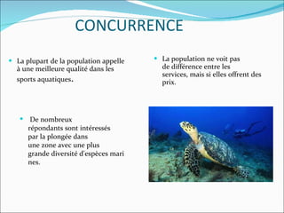 CONCURRENCE La plupart de la population appelle à une meilleure qualité dans les sports aquatiques . La population ne voit pas de différence entre les services, mais si elles offrent des prix. De nombreux répondants sont intéressés par la plongée dans une zone avec une plus grande diversité d'espèces marines. 