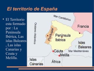 El territorio de España

    El Territorio
    esta formado
    por : La
    Península
    Ibérica, Las
    islas Baleares
    , Las islas
    Canarias y
    Ceuta y
    Melilla.
 