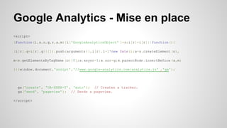 Google Analytics - Mise en place 
<script> 
(function (i,s,o,g,r,a,m){i['GoogleAnalyticsObject' ]=r;i[r]=i[r]||function (){ 
(i[r].q=i[r].q||[]).push(arguments )},i[r].l=1*new Date();a=s.createElement (o), 
m=s.getElementsByTagName (o)[0];a.async=1;a.src=g;m.parentNode .insertBefore (a,m) 
})(window,document ,'script' ,'//www.google-analytics.com/analytics.js' ,'ga'); 
ga('create' , 'UA-XXXX-Y' , 'auto'); // Creates a tracker. 
ga('send', 'pageview' ); // Sends a pageview. 
</script> 
 