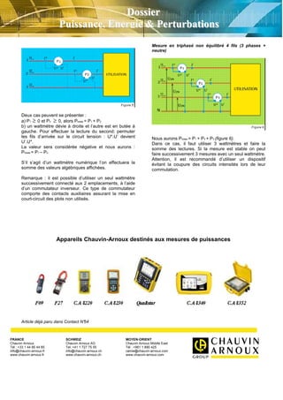 Deux cas peuvent se présenter :
a) P1 ≥ 0 et P2 ≥ 0, alors Ptotale = P1 + P2
b) un wattmètre dévie à droite et l’autre est en butée à
gauche. Pour effectuer la lecture du second; permuter
les fils d’arrivée sur le circuit tension : U*.U’ devient
U’.U*.
La valeur sera considérée négative et nous aurons :
Ptotale = P1 – P2
S’il s’agit d’un wattmètre numérique l’on effectuera la
somme des valeurs algébriques affichées.
Remarque : il est possible d’utiliser un seul wattmètre
successivement connecté aux 2 emplacements, à l’aide
d’un commutateur inverseur. Ce type de commutateur
comporte des contacts auxiliaires assurant la mise en
court-circuit des plots non utilisés.
Mesure en triphasé non équilibré 4 fils (3 phases +
neutre)
Nous aurons Ptotale = P1 + P2 + P3 (figure 6).
Dans ce cas, il faut utiliser 3 wattmètres et faire la
somme des lectures. Si la mesure est stable on peut
faire successivement 3 mesures avec un seul wattmètre.
Attention, il est recommandé d’utiliser un dispositif
évitant la coupure des circuits intensités lors de leur
commutation.
Appareils Chauvin-Arnoux destinés aux mesures de puissances
Article déjà paru dans Contact N°54
FRANCE
Chauvin Arnoux
Tél : +33 1 44 85 44 85
info@chauvin-arnoux.fr
www.chauvin-arnoux.fr
SCHWEIZ
Chauvin Arnoux AG
Tel: +41 1 727 75 55
info@chauvin-arnoux.ch
www.chauvin-arnoux.ch
MOYEN-ORIENT
Chauvin Arnoux Middle East
Tél : +961 1 890 425
camie@chauvin-arnoux.com
www.chauvin-arnoux.com
DDoossssiieerr
PPuuiissssaannccee,, EEnneerrggiiee && PPeerrttuurrbbaattiioonnss
 