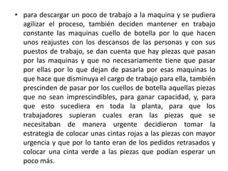 • para descargar un poco de trabajo a la maquina y se pudiera
  agilizar el proceso, también deciden mantener en trabajo
  constante las maquinas cuello de botella por lo que hacen
  unos reajustes con los descansos de las personas y con sus
  puestos de trabajo, se dan cuenta que hay piezas que pasan
  por las maquinas y que no necesariamente tiene que pasar
  por ellas por lo que dejan de pasarla por esas maquinas lo
  que hace que disminuya el cargo de trabajo para ella, también
  prescinden de pasar por los cuellos de botella aquellas piezas
  que no sean imprescindibles, para ganar capacidad, y, para
  que esto sucediera en toda la planta, para que los
  trabajadores supieran cuales eran las piezas que se
  necesitaban de manera urgente decidieron tomar la
  estrategia de colocar unas cintas rojas a las piezas con mayor
  urgencia y que por lo tanto eran de los pedidos retrasados y
  colocar una cinta verde a las piezas que podían esperar un
  poco más.
 