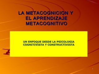 LA METACOGNICION Y
   EL APRENDIZAJE
   METACOGNITIVO



 UN ENFOQUE DESDE LA PSICOLOGIA
 COGNITIVISTA Y CONSTRUCTIVISTA




                                  1
 