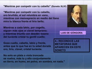 "Mientras por competir con tu cabello" (Soneto XLIV)

"Mientras por competir con tu cabello,
oro bruñido, el sol relumbra en vano,
mientras con menosprecio en medio del llano
mira tu blanca frente el lirio bello;

Mientras a cada labio, por cogello,
siguen más ojos al clavel temprano;
y mientras triunfa con desdén lozano           LUIS DE GÓNGORA
del luciente cristal tu gentil cuello;
                                          4.- RECONOCE LAS
Goza cuello, cabello, labio y frente,     METÁFORAS QUE
antes que lo que fue en tu edad dorada    APARECEN EN ESTE
oro, lirio, clavel, cristal luciente.     SONETO

No solo en plata o viola troncada
se vuelva, más tu y ello conjuntamente
en tierra, en humo, en polvo, en sombra, en nada."
 