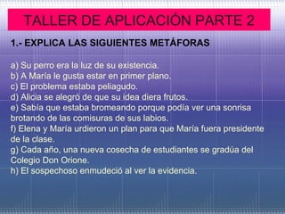 TALLER DE APLICACIÓN PARTE 2
1.- EXPLICA LAS SIGUIENTES METÁFORAS

a) Su perro era la luz de su existencia.
b) A María le gusta estar en primer plano.
c) El problema estaba peliagudo.
d) Alicia se alegró de que su idea diera frutos.
e) Sabía que estaba bromeando porque podía ver una sonrisa
brotando de las comisuras de sus labios.
f) Elena y María urdieron un plan para que María fuera presidente
de la clase.
g) Cada año, una nueva cosecha de estudiantes se gradúa del
Colegio Don Orione.
h) El sospechoso enmudeció al ver la evidencia.
 