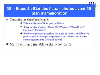 Construire un plan d’amélioration
Faire une liste des 30 lus gros problèmes
Faire un plan d’action : Quoi? OU? Pourquoi? Quand? Qui?
Comment? Combien?
Rendre des photos successives des zones en cours d’amélioration
pour visualiser les étapes du progrès & les afficher dans l’ordre
chronologique sur le tableau d’activité
Mettre en place un tableau des activités 5S
5S – Etape 2 : Etat des lieux –photos avant 5S
plan d’amélioration
 
