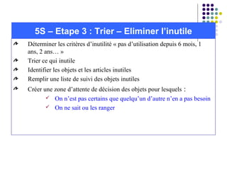 Déterminer les critères d’inutilité « pas d’utilisation depuis 6 mois, 1
ans, 2 ans… »
Trier ce qui inutile
Identifier les objets et les articles inutiles
Remplir une liste de suivi des objets inutiles
Créer une zone d’attente de décision des objets pour lesquels :
 On n’est pas certains que quelqu’un d’autre n’en a pas besoin
 On ne sait ou les ranger
5S – Etape 3 : Trier – Eliminer l’inutile
 