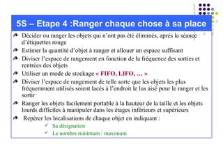 Décider ou ranger les objets qui n’ont pas été éliminés, après la séance
d’étiquettes rouge
Estimer la quantité d’objet à ranger et allouer un espace suffisant
Diviser l’espace de rangement en fonction de la fréquence des sorties et
rentrées des objets
Utiliser un mode de stockage « FIFO, LIFO, … »
Diviser l’espace de rangement de telle sorte que les objets les plus
fréquemment utilisés soient lacés à l’endroit le lus aisé pour le ranger et les
sortir
Ranger les objets facilement portable à la hauteur de la taille et les objets
lourds difficiles à manipuler dans les étages inférieurs et supérieurs
Repérer les localisations de chaque objet en indiquant :
 Sa désignation
 Le nombre minimum / maximum
5S – Etape 4 :Ranger chaque chose à sa place
 