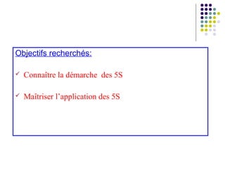 Objectifs recherchés:
 Connaître la démarche des 5S
 Maîtriser l’application des 5S
 