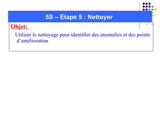 Objet:
Utiliser le nettoyage pour identifier des anomalies et des points
d’amélioration
5S – Etape 5 : Nettoyer
 