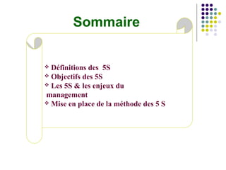 Sommaire
 Définitions des 5S
 Objectifs des 5S
 Les 5S & les enjeux du
management
 Mise en place de la méthode des 5 S
 