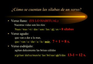 ¿Cómo se cuentan las sílabas de un verso? Verso llano:  (ES LO HABITUAL) Nuestras vidas son los ríos Nues / tras / vi / das / son / los /  rí   / os =  8 sílabas Verso agudo:  que van a dar a la mar,  que  /  van  /  a  /  dar  /  a  /  la  /  m á r ,   7 + 1 = 8 s. Verso esdrújulo:  agitan dulcemente las brisas cálidas a/gi/tan/ dul/ce/men/te/ las/ bri/sas/  cá /li/das  13-1 = 12 s. 