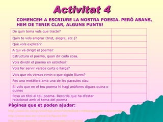 Activitat 4 COMENCEM A ESCRIURE LA NOSTRA POESIA. PERÒ ABANS, HEM DE TENIR CLAR, ALGUNS PUNTS! Pàgines que et poden ajudar: http:// www . iec . cat / gc / ViewPage . action ? siteNodeId =148& languageId =1& contentId =-1 http:// www . xtec .es/~jroca124/figures. htm http:// www . geocities . com / verbsconjugats / vercat . html Posa un títol al teu poema. Recorda que ha d’estar relacionat amb el tema del poema   Si vols que en el teu poema hi hagi anàfores digues quina o quines   Fes una metàfora amb una de les paraules clau   Vols que els versos rimin o que siguin lliures? Vols fer servir versos curts o llargs?   Vols dividir el poema en estrofes? Estructura el poema, quan dir cada cosa.   A qui va dirigit el poema? Què vols explicar? Quin to vols emprar (trist, alegre, etc.)?   De quin tema vols que tracte? 