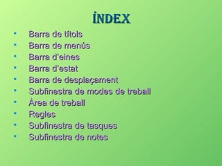 Índex
   Barra de títols
   Barra de menús
   Barra d’eines
   Barra d’estat
   Barra de desplaçament
   Subfinestra de modes de treball
   Àrea de treball
   Regles
   Subfinestra de tasques
   Subfinestra de notes
 