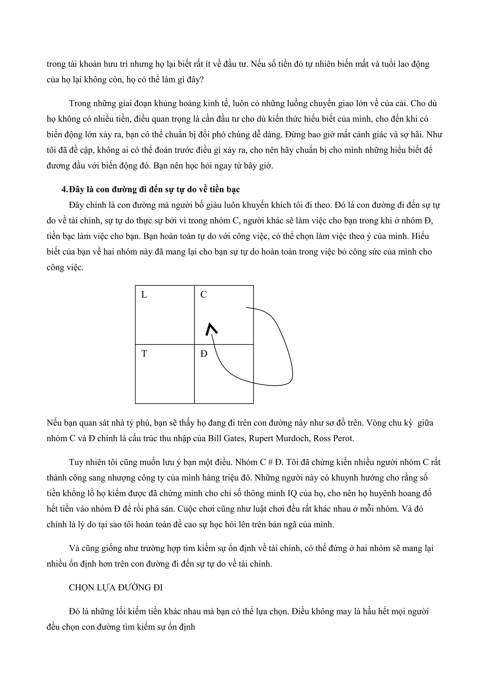 trong tài khoản hưu trí nhưng họ lại biết rất ít về đầu tư. Nếu số tiền đó tự nhiên biến mất và tuổi lao động
của họ lại không còn, họ có thể làm gì đây?
Trong những giai đoạn khủng hoảng kinh tế, luôn có những luồng chuyển giao lớn về của cải. Cho dù
họ không có nhiều tiền, điều quan trọng là cần đầu tư cho dù kiến thức hiểu biết của mình, cho đến khi có
biến động lớn xảy ra, bạn có thể chuẩn bị đối phó chúng dễ dàng. Đừng bao giờ mất cảnh giác và sợ hãi. Như
tôi đã đề cập, không ai có thể đoán trước điều gì xảy ra, cho nên hãy chuẩn bị cho mình những hiểu biết để
đương đầu với biến động đó. Bạn nên học hỏi ngay từ bây giờ.
4.Đây là con đường đi đến sự tự do về tiền bạc
Đây chính là con đường mà người bố giàu luôn khuyến khích tôi đi theo. Đó là con đường đi đến sự tự
do về tài chính, sự tự do thực sự bởi vì trong nhóm C, người khác sẽ làm việc cho bạn trong khi ở nhóm Đ,
tiền bạc làm việc cho bạn. Bạn hoàn toàn tự do với công việc, có thể chọn làm việc theo ý của mình. Hiểu
biết của bạn về hai nhóm này đã mang lại cho bạn sự tự do hoàn toàn trong việc bỏ công sức của mình cho
công việc.
Nếu bạn quan sát nhà tỷ phú, bạn sẽ thấy họ đang đi trên con đường này như sơ đồ trên. Vòng chu kỳ giữa
nhóm C và Đ chính là cấu trúc thu nhập của Bill Gates, Rupert Murdoch, Ross Perot.
Tuy nhiên tôi cũng muốn lưu ý bạn một điều. Nhóm C # Đ. Tôi đã chứng kiến nhiều người nhóm C rất
thành công sang nhượng công ty của mình hàng triệu đô. Những người này có khuynh hướng cho rằng số
tiền khổng lồ họ kiếm được đã chứng minh cho chỉ số thông minh IQ của họ, cho nên họ huyênh hoang đổ
hết tiền vào nhóm Đ để rồi phá sản. Cuộc chơi cũng như luật chơi đều rất khác nhau ở mỗi nhóm. Và đó
chính là lý do tại sao tôi hoàn toàn đề cao sự học hỏi lên trên bản ngã của mình.
Và cũng giống như trường hợp tìm kiếm sự ổn định về tài chính, có thể đứng ở hai nhóm sẽ mang lại
nhiều ổn định hơn trên con đường đi đến sự tự do về tài chính.
CHỌN LỰA ĐƯỜNG ĐI
Đó là những lối kiếm tiền khác nhau mà bạn có thể lựa chọn. Điều không may là hầu hết mọi người
đều chọn con đường tìm kiếm sự ổn định
L C
T Đ
 