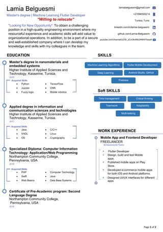 Page 1 of 2
Lamia Belguesmi
Master's degree | Machine Learning Flutter Developer
''Willing to relocate''
lamiabelguesmi@gmail.com
+21696505214
Tunisia, Tunis
linkedin.com/in/lamia-belguesmi
github.com/Lamia-Belguesmi
EDUCATION
Master's degree in nanomaterials and
embedded systems
Higher Institute of Applied Sciences and
Technology, Kasserine, Tunisia.
2020
Acquired Skills
• Python • TensorFlow
• Jupyter • CNN
• Fuzzy logic • Mobile robotics
SKILLS
Soft SKILLS
Applied degree in information and
communication sciences and technologies
Higher Institute of Applied Sciences and
Technology, Kasserine, Tunisia.
2017
Acquired Skills
• Java • C/C++
• VHDL • Linux
• OS • Cryptography
Specialized Diploma: Computer Information
Technology: Application/Web Programming
Northampton Community College,
Pennsylvania, USA
2016
Acquired Skills
• PHP • Computer Technology
• Swift • Java
• Web Basics • Data Base Systems
Certificate of Pre-Academic program: Second
Language Degree
Northampton Community College,
Pennsylvania, USA
2016
WORK EXPERIENCE
Mobile App and Frontend Developer
FREELANCER
Achievements/Tasks
▪ Flutter Developer
▪ Design, build and test Mobile
apps.
▪ Published mobile apps on Play
Store.
▪ Developed e-commerce mobile apps
for both iOS and Android platforms.
▪ Designed UI/UX interfaces for different
apps.
''Looking for New Opportunity'': To obtain a challenging
position in a high-quality engineering environment where my
resourceful experience and academic skills will add value to
organizational operations. In addition, to be a part of a secure
and well-established company where I can develop my
knowledge and skills with my colleagues in the team.
Android Studio, GitHub
Firebase
Time management Critical thinking
Teamwork Adaptability
Multi-tasking
Machine Learning Algorithms
Deep Learning
Flutter Mobile Development
youtube.com/channel/UCW_zCnOk4I6b24NHt7IseaA
 