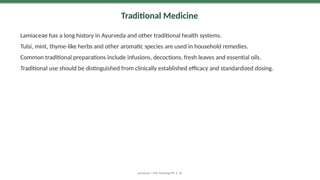 Traditional Medicine
Lamiaceae has a long history in Ayurveda and other traditional health systems.
Tulsi, mint, thyme-like herbs and other aromatic species are used in household remedies.
Common traditional preparations include infusions, decoctions, fresh leaves and essential oils.
Traditional use should be distinguished from clinically established efficacy and standardized dosing.
Lamiaceae | MSc Teaching PPT • 26
 