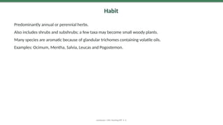 Habit
Predominantly annual or perennial herbs.
Also includes shrubs and subshrubs; a few taxa may become small woody plants.
Many species are aromatic because of glandular trichomes containing volatile oils.
Examples: Ocimum, Mentha, Salvia, Leucas and Pogostemon.
Lamiaceae | MSc Teaching PPT • 6
 