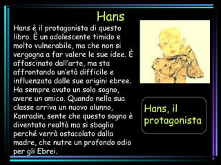 Hans
Hans è il protagonista di questo
libro. È un adolescente timido e
molto vulnerabile, ma che non si
vergogna a far valere le sue idee. È
affascinato dall’arte, ma sta
affrontando un’età difficile e
influenzata dalle sue origini ebree.
Ha sempre avuto un solo sogno,
avere un amico. Quando nella sua
classe arriva un nuovo alunno,
Konradin, sente che questo sogno è
diventato realtà ma si sbaglia
perché verrà ostacolato dalla
madre, che nutre un profondo odio
per gli Ebrei.
Hans, il
protagonista
 