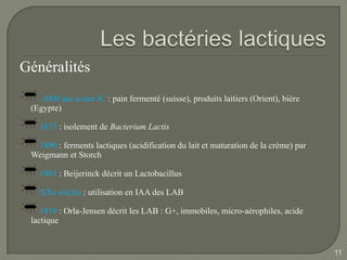 Généralités
   -3000 ans avant JC : pain fermenté (suisse), produits laitiers (Orient), bière
 (Egypte)

   1873 : isolement de Bacterium Lactis

  1890 : ferments lactiques (acidification du lait et maturation de la crème) par
 Weigmann et Storch

   1901 : Beijerinck décrit un Lactobacillus

   XXe siècles : utilisation en IAA des LAB

    1919 : Orla-Jensen décrit les LAB : G+, immobiles, micro-aérophiles, acide
 lactique


                                                                                    11
 