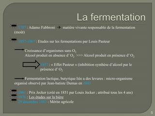 1787 : Adamo Fabbroni  matière vivante responsable de la fermentation
(moût)

  1857-1867 : Etudes sur les fermentations par Louis Pasteur

      Croissance d’organismes sans O2
      Alcool produit en absence d’ O2 >>> Alcool produit en présence d’ O2

                1857 : « Effet Pasteur » (inhibition synthèse d’alcool par le
                présence d’ O2

      Fermentation lactique, butyrique liée a des levures : micro-organisme
organisé observé par Jean-batiste Dumas en 1843

  1861 : Prix Jecker (créé en 1851 par Louis Jecker ; attribué tous les 4 ans)
  1876 : Les études sur la bière
  29 décembre 1883 : Mérite agricole

                                                                                 5
 