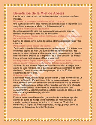 Beneficios de la Miel de Abejas
La miel es la base de muchos jarabes naturales preparados con fines
médicos.
Depurador de la sangre, revitalizador y tónico cerebral:
Una cucharada de miel cada mañana en ayunas ayuda a limpiar las vías
sanguíneas y a empezar el día con ánimos renovados.
Irritación e inflamación de la garganta:
Su poder astringente hace que los gargarismos con miel sean un
remedio excelente para este tipo de afecciones.
Para contusiones, heridas, golpes, torceduras, grietas en los pezones de
las madres lactantes:
La miel de abejas con la pulpa de papaya ablanda cicatrices viejas y las
minimiza.
Para acabar con las estrías y la celulitis:
 Se toma la pulpa de siete mangostanes, se les agregan dos feijoas, una
cucharada sopera de miel, una cucharadita de polen de abejas, dos
gramos de jalea real pura y, si se desea, dos a cinco gramos de clorofila
que se saca del extracto de la espinaca, de la col o del apio. Se mezcla
todo y se licua, dejando para el final la jalea real.
Para rejuvenecer la piel, fortalecer el cabello, reducir el estrés, ordenar el
ciclo de sueño y regenerar las funciones del sistema endocrino:
Se licuan de tres a cuatro feijoas, se mezclan con miel de abejas y un
gramo de jalea real puro. Se le puede agregar una cucharadita de polen
de abejas. Consumir antes del desayuno por ciclos de 30 días
descansando por 15 días.
Dolores musculares:
Los dolores musculares son algo difícil de lidiar, y cada movimiento es un
intenso sufrimiento. Para aliviar el dolor de los costados del tronco, es
decir, el de los músculos serratos es útil hervir una mezcla de leche de
cabra y miel de abejas y aplicar paños mojados sobre la zona afectada.
Este tratamiento debe ser en la noche antes de acostarse, para
complementarlo y obtener mejores resultados también se aconseja beber
una taza de agua de borraja y vira vira.
Para el acné:
Preparar una mascarilla con diez gramos de cáscara de papaya, diez
gramos de pulpa de mango y una cucharada de miel de abejas. Se
mezclan los ingredientes y se aplica en el rostro por 20 minutos.
Para suavizar la piel: Se mezclan guayaba, mango, papaya y miel de
abejas y se deja actuar durante 20 minutos.
 