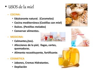 • USOS de la miel 
– COCINA: 
• Edulcorante natural. (Caramelos) 
• Cocina mediterránea (Costillas con miel) 
• Dulces. (Pestiños melados) 
• Conservar alimentos. 
– MEDICINA: 
• Calmantes,(tos). 
• Afecciones de la piel, llagas, cortes, 
quemaduras. 
• Alimento recostituyente, fortificante. 
– COSMETICA 
• Jabones, Cremas Hidratantes. 
• Depilación 
 