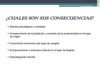 ¿CUALES SON SUS CONSECUENCIAS?
 Efectos psicológicos y mentales
 Envejecimiento de la población y aumento de la productividad en el lugar
de origen
 Crecimiento económico del lugar de acogida
 Enriquecimiento o amenaza cultural en el lugar de llegada
 Desintegración familiar
 