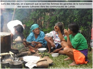 © R. Matta – Pérou, Mikuna du 21/04/2012
Lors des mikunas, on s’aperçoit que ce sont les femmes les garantes de la transmission
des savoirs culinaires dans les communautés de Lamas.
 