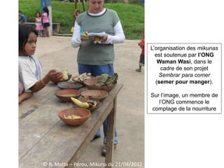 L’organisation des mikunas
est soutenue par l’ONG
Waman Wasi, dans le
cadre de son projet
Sembrar para comer
(semer pour manger).
Sur l’image, un membre de
l’ONG commence le
comptage de la nourriture
© R. Matta – Pérou, Mikuna du 21/04/2012
 