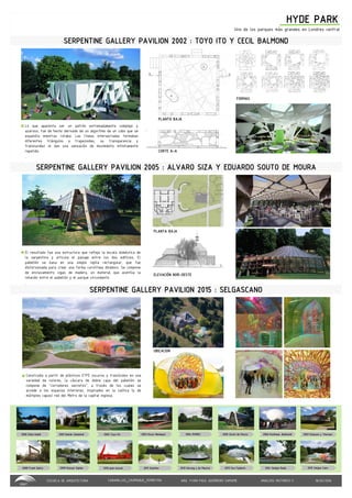 ESCUELA DE ARQUITECTURA CABANILLAS_CHUMIOQUE_FERREYRA ANALISIS HISTORICO II 18/02/2016
USAT
ARQ. YVAN PAUL GUERRERO SAMAME
2000 Zaha Hadid 2001 Daniel Libeskind
SERPENTINE GALLERY PAVILION 2002 : TOYO ITO Y CECIL BALMOND
HYDE PARK
Lo que aparenta ser un patrón extremadamente complejo y
azaroso, fue de hecho derivado de un algoritmo de un cubo que se
expandía mientras rotaba. Las líneas intersectadas formaban
diferentes triángulos y trapezoides, su transparencia y
translucidez le dan una sensación de movimiento infinitamente
repetido.
.
PLANTA BAJA
2002 Toyo Ito 2003 Oscar Neimeyer 2004 MVRDV 2005 Souto de Moura 2006 Koolhaas ,Balmondc 2007 Eliasson y Thorsen
2008 Frank Gehry 2009 Kazuyo Sejima 2010 jean nouvel 2011 Zumthor 2012 Herzog y de Meuron 2013 Sou Fujimoto 2014 Smiljan Radic 2015 Selgas Cano
CORTE A-A
FORMAS
El resultado fue una estructura que refleja la escala doméstica de
la serpentina y articula el paisaje entre los dos edificios. El
pabellón se basa en una simple rejilla rectangular, que fue
distorsionada para crear una forma curvilínea dinámico. Se compone
de enclavamiento vigas de madera, un material que acentúa la
relación entre el pabellón y el parque circundante.
.
PLANTA BAJA
ELEVACIÓN NOR-OESTE
Construida a partir de plásticos ETFE oscuros y traslúcidos en una
variedad de colores, la cáscara de doble capa del pabellón se
compone de "corredores secretos", a través de los cuales se
accede a los espacios interiores, inspirados en la caótica (y de
múltiples capas) red del Metro de la capital inglesa.
.
Uno de los parques más grandes en Londres central
SERPENTINE GALLERY PAVILION 2005 : ALVARO SIZA Y EDUARDO SOUTO DE MOURA
SERPENTINE GALLERY PAVILION 2015 : SELGASCANO
UBICACION
 