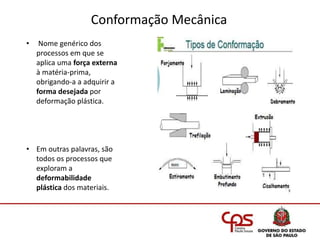 Conformação Mecânica
• Nome genérico dos
processos em que se
aplica uma força externa
à matéria-prima,
obrigando-a a adquirir a
forma desejada por
deformação plástica.
• Em outras palavras, são
todos os processos que
exploram a
deformabilidade
plástica dos materiais.
 
