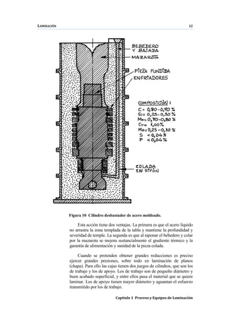 LAMINACIÓN 12
Capítulo 1 Proceso y Equipos de Laminación
Figura 10 Cilindro desbastador de acero moldeado.
Esta acción tiene dos ventajas. La primera es que el acero líquido
no arrastra la zona templada de la tabla y mantiene la profundidad y
severidad de temple. La segunda es que al taponar el bebedero y colar
por la mazarota se mejora sustancialmente el gradiente térmico y la
garantía de alimentación y sanidad de la pieza colada.
Cuando se pretenden obtener grandes reducciones es preciso
ejercer grandes presiones, sobre todo en laminación de planos
(chapa). Para ello las cajas tienen dos juegos de cilindros, que son los
de trabajo y los de apoyo. Los de trabajo son de pequeño diámetro y
buen acabado superficial, y entre ellos pasa el material que se quiere
laminar. Los de apoyo tienen mayor diámetro y aguantan el esfuerzo
transmitido por los de trabajo.
 