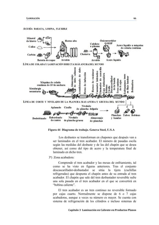 LAMINACIÓN 46
Capítulo 3 Laminación en Caliente en Productos Planos
Figura 44 Diagrama de trabajo. Geneva Steel, U.S.A
Los desbastes se transforman en chapones que después van a
ser laminados en el tren acabador. El número de pasadas oscila
según las medidas del desbaste y de las del chapón que se desea
obtener, así como del tipo de acero y la temperatura final de
laminado en dicho tren.
3ª) Zona acabadora:
Comprende el tren acabador y las mesas de enfriamiento, tal
como se ha visto en figuras anteriores. Tras el conjunto
descascarillador-desbastador se sitúa la tijera (cuchillas
refrigeradas) que despunta el chapón antes de su entrada al tren
acabador. El chapón que sale del tren desbastador reversible sufre
una sola pasada en el tren acabador en el que se convertirá en
“bobina caliente”.
El tren acabador es un tren continuo no reversible formado
por cajas cuarto. Normalmente se dispone de 6 o 7 cajas
acabadoras, aunque a veces su número es mayor. Se cuenta con
sistema de refrigeración de los cilindros e incluso sistemas de
 