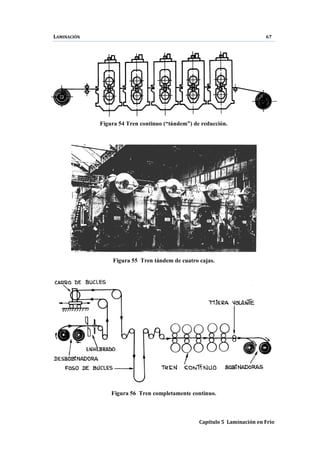 LAMINACIÓN 67
Capítulo 5 Laminación en Frío
Figura 54 Tren continuo (“tándem”) de reducción.
Figura 55 Tren tándem de cuatro cajas.
Figura 56 Tren completamente continuo.
 