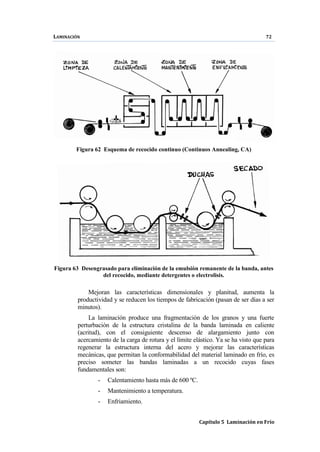 LAMINACIÓN 72
Capítulo 5 Laminación en Frío
Figura 62 Esquema de recocido continuo (Continuos Annealing, CA)
Figura 63 Desengrasado para eliminación de la emulsión remanente de la banda, antes
del recocido, mediante detergentes o electrolisis.
Mejoran las características dimensionales y planitud, aumenta la
productividad y se reducen los tiempos de fabricación (pasan de ser días a ser
minutos).
La laminación produce una fragmentación de los granos y una fuerte
perturbación de la estructura cristalina de la banda laminada en caliente
(acritud), con el consiguiente descenso de alargamiento junto con
acercamiento de la carga de rotura y el límite elástico. Ya se ha visto que para
regenerar la estructura interna del acero y mejorar las características
mecánicas, que permitan la conformabilidad del material laminado en frío, es
preciso someter las bandas laminadas a un recocido cuyas fases
fundamentales son:
- Calentamiento hasta más de 600 ºC.
- Mantenimiento a temperatura.
- Enfriamiento.
 