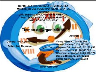 REPÚBLICA BOLIVARIANA DE VENEZUELA
MINISTERIO DEL PODER POPULAR PARA LA
DEFENSA
UNIVERSIDAD NACIONAL EXPERIMENTAL
POLITÉCNICA DE LA FUERZA ARMADA
NÚCLEO PORTUGUESA
Tiempo de Organización
Yenny Alfaro C.I 24.424.803
Yoneisi Lujano C.I 21.397.500
Kleyveer Barrientos C.I 22.109.453
Yunelvis García C.I 26.593.582
Roselvis Hernandéz C.I 25.163.170
Daniela Rivero C.I 20.157.238
Carlos Gaona C.I 24.427.784
Turén Abril 2014
Autores:
Profe : Ana Ehresman
Carrera: ING Agronómica
 