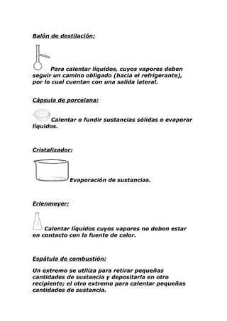 Balón de destilación:




      Para calentar líquidos, cuyos vapores deben
seguir un camino obligado (hacia el refrigerante),
por lo cual cuentan con una salida lateral.


Cápsula de porcelana:


      Calentar o fundir sustancias sólidas o evaporar
líquidos.



Cristalizador:




              Evaporación de sustancias.



Erlenmeyer:



    Calentar líquidos cuyos vapores no deben estar
en contacto con la fuente de calor.



Espátula de combustión:

Un extremo se utiliza para retirar pequeñas
cantidades de sustancia y depositarla en otro
recipiente; el otro extremo para calentar pequeñas
cantidades de sustancia.
 