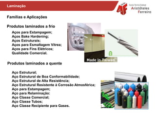 Famílias e Aplicações
Aço Estrutural;
Aço Estrutural de Boa Conformabilidade;
Aço Estrutural de Alta Resistência;
Aço Estrutural Resistente à Corrosão Atmosférica;
Aço para Estampagem;
Aço para Relaminação:
Aço Classe Comercial;
Aço Classe Tubos;
Aço Classe Recipiente para Gases.
Laminação
Produtos laminados a frio
Produtos laminados a quente
Aços para Estampagem;
Aços Bake Hardening;
Aços Estruturais;
Aços para Esmaltagem Vítrea;
Aços para Fins Elétricos;
Qualidade Comercial.
 