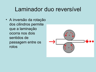 Laminador duo reversível A inversão da rotação dos cilindros permite que a laminação ocorra nos dois sentidos de passagem entre os rolos  