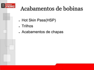 Acabamentos de bobinas 
● Hot Skin Pass(HSP) 
● Trilhos 
● Acabamentos de chapas 
 