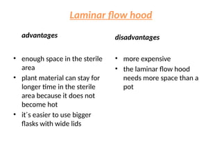 Laminar flow hood
advantages
• enough space in the sterile
area
• plant material can stay for
longer time in the sterile
area because it does not
become hot
• it´s easier to use bigger
flasks with wide lids
disadvantages
• more expensive
• the laminar flow hood
needs more space than a
pot
 
