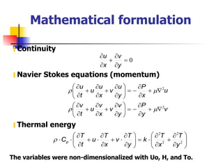Mathematical formulation Continuity Navier Stokes equations (momentum) Thermal energy The variables were non-dimensionalized with Uo, H, and To. 