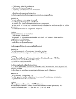 5. Public space and civic-mindedness.
6. Social and educational support.
7. Improving coexistence and civic-mindedness.

1. Training and occupational integration.
i. Create opportunities for training and insertion in an integrated way.

Objectives
To train and empower people professional.
To make people better prepared to find work.
To improve core competencies for obtaining and keeping a job.
To incorporate the various local community groups in the La Mina neighbourhood in the training
processes.
To foster opportunities for occupational integration.

Actions
Integrated itinerates for intersection.
Young people, women adults.
The mentally ill, those with disabilities and individuals with substance abuse problems.
Application of social clauses.
Carrying out occupational plans.
School project (Polydor workshop).

ii. Create possibilities for accessing the job market.

Objectives
To facilitate access to information and orientation services.
To foster access to training and the use of new technologies.

Actions
To run the neighbourhood’s information and Job Orientation Service – Job Club.
Creation of the New Technologies Classroom.
Recycling of active professionals.

2. Balancing family and professional lives
i. To create opportunities to access the job market free of discrimination based on gender and
personal situation.
ii. To release the school-age adolescent population and family obligations.

Objectives
To provide early childhood services.
To offer space for families and children for purposes of education and socialization.
To prevent situations of social exclusion.

Actions
Morning child-minding service – CEIP Mediterrania.
Children’s play centre and summer recreational centre for children up to the age of 3.
Family recreational space “La Capsa dels Jocs” (The Toys Box).
 