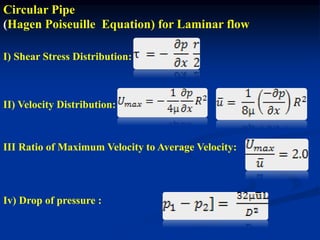 Circular Pipe
(Hagen Poiseuille Equation) for Laminar flow
I) Shear Stress Distribution:
II) Velocity Distribution:
III Ratio of Maximum Velocity to Average Velocity:
Iv) Drop of pressure :
 