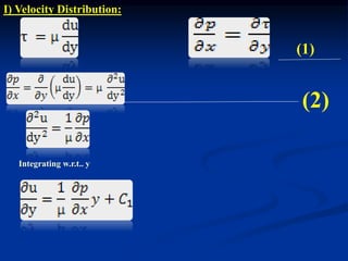 I) Velocity Distribution:
(2)
Integrating w.r.t.. y
(1)
 