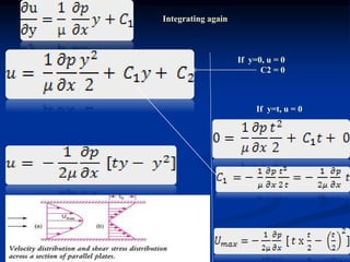 Integrating again
If y=0, u = 0
C2 = 0
If y=t, u = 0
 