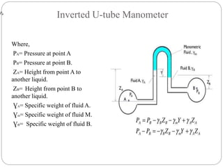 Inverted U-tube Manometer
Where,
PA= Pressure at point A
PB= Pressure at point B.
ZA= Height from point A to
another liquid.
ZB= Height from point B to
another liquid.
ƔA= Specific weight of fluid A.
Ɣm= Specific weight of fluid M.
ƔB= Specific weight of fluid B.
 