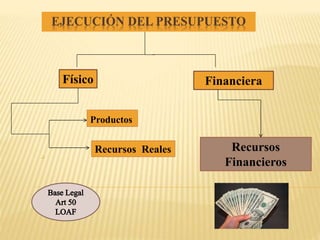 EJECUCIÓN DEL PRESUPUESTO
Productos
FinancieraFísico
Recursos Reales Recursos
Financieros
 